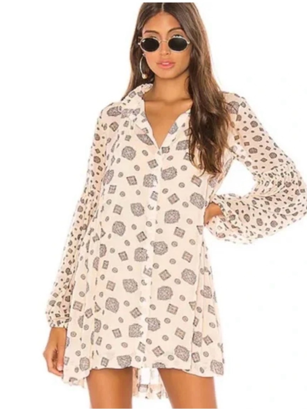 Free People NWT Turn Turn Cream Printed Button-Down Mini Dress
